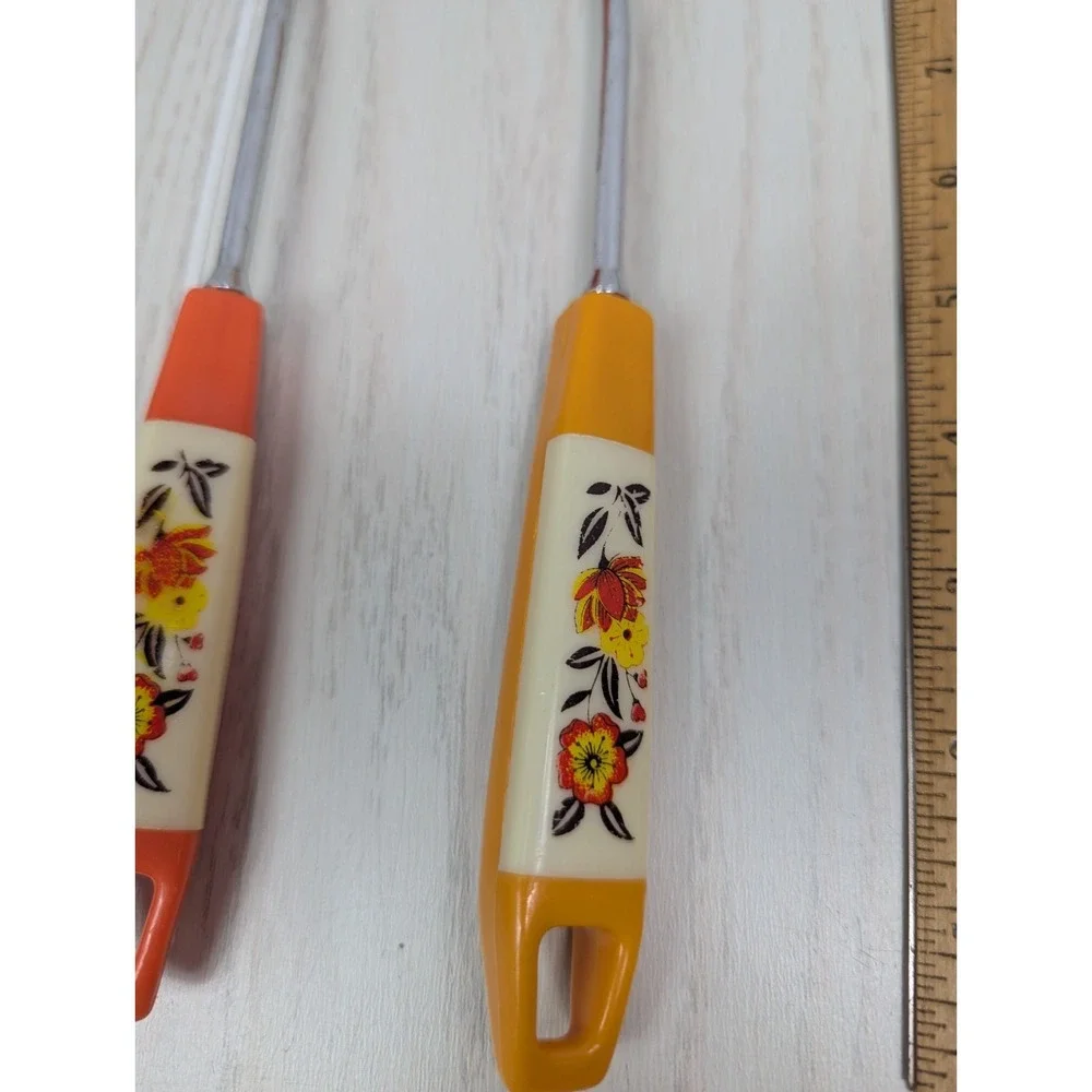 vintage Taiwan serving mixing spoons plastic metal orange yellow floral MCM